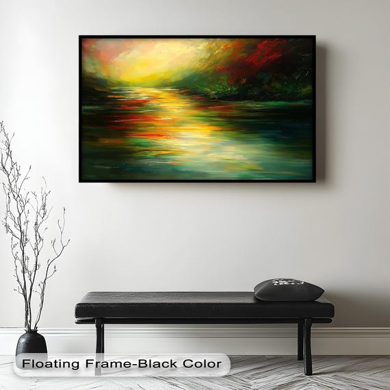 Sunset Reflection Abstract Lake Painting, Modern Living Room