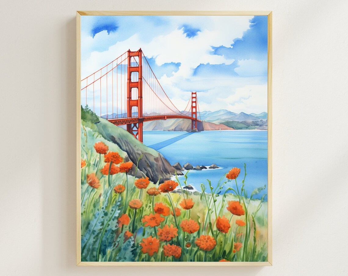 Golden Gate Bridge Watercolor Art Print, Poppies