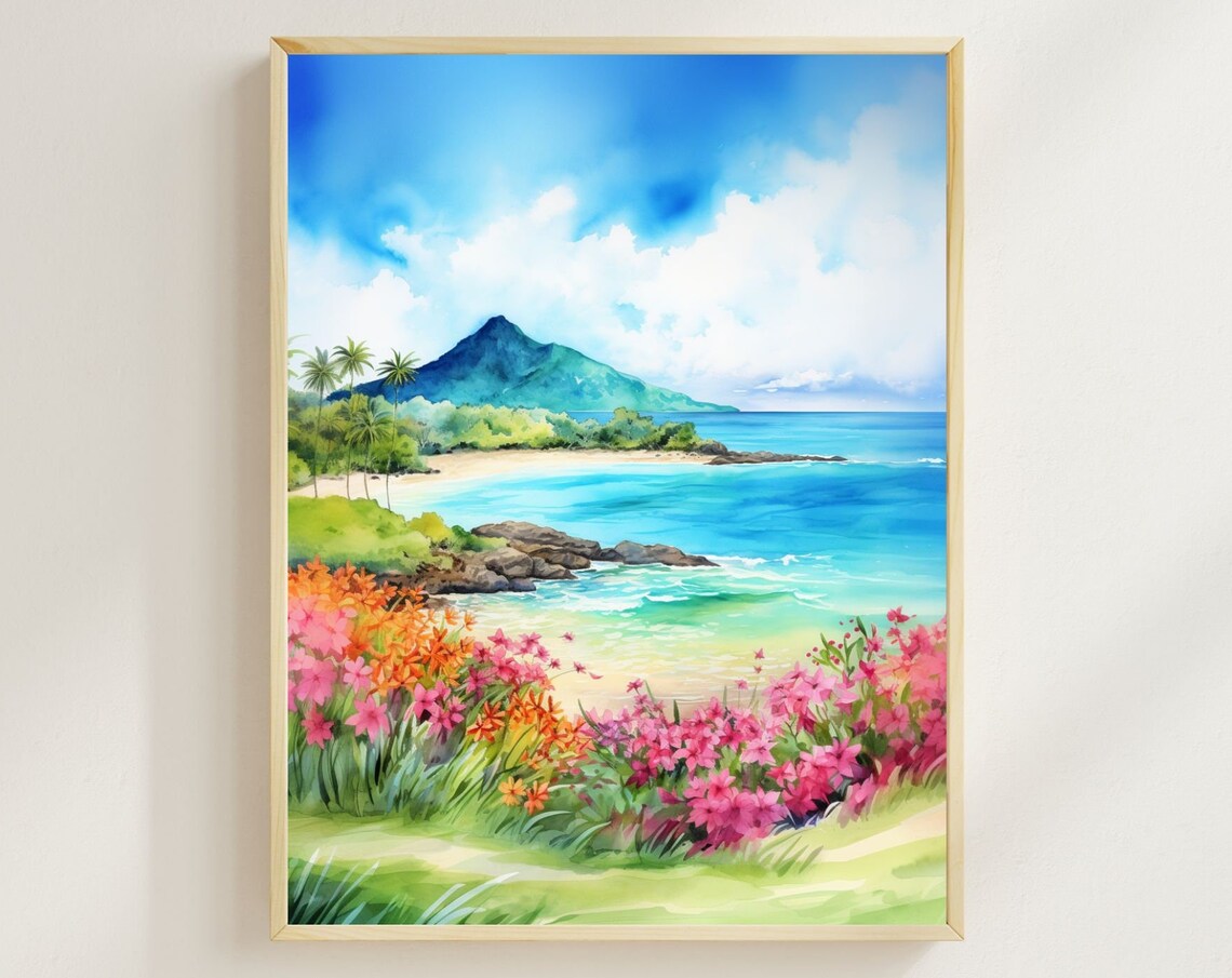 Kailua Oahu Watercolor Print, Coastal Hawaii