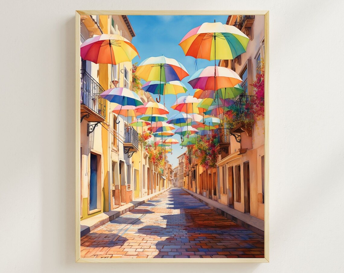 Agueda Portugal Umbrella Street Colorful Canopy Travel Wall Print
