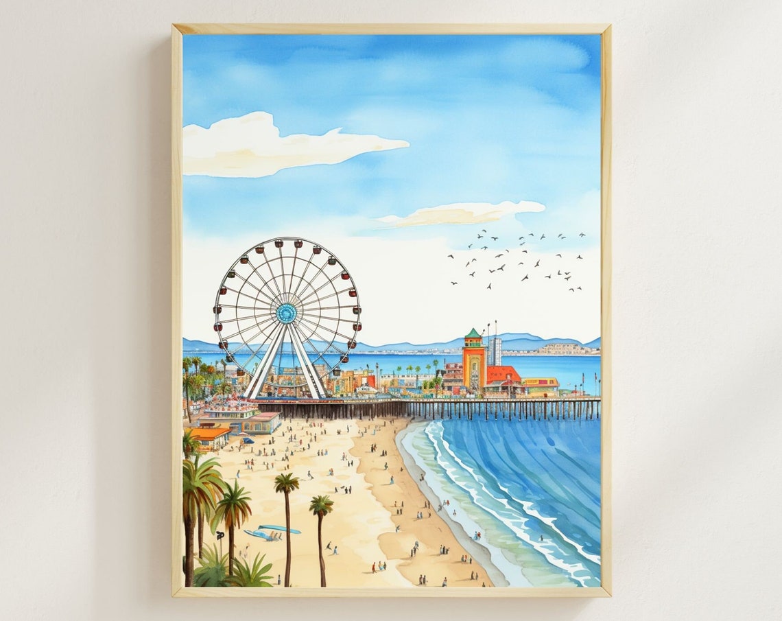 Santa Monica Pier Ferris Wheel Watercolor Beach Travel Wall Print