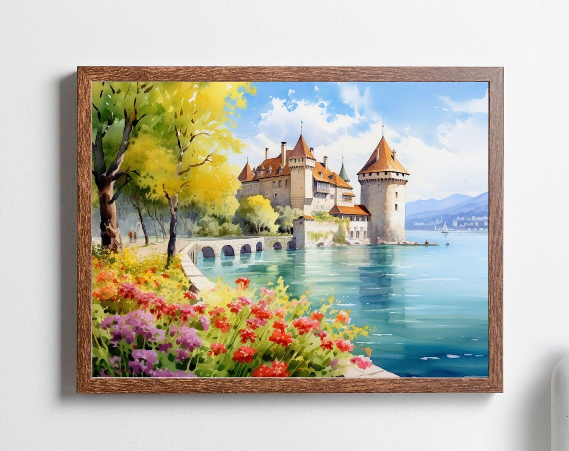 Chillon Castle Lake Geneva Switzerland Watercolor Travel Poster