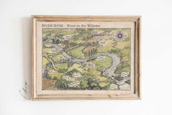 River Bank Illustrative Map, Vintage Nursery Decor
