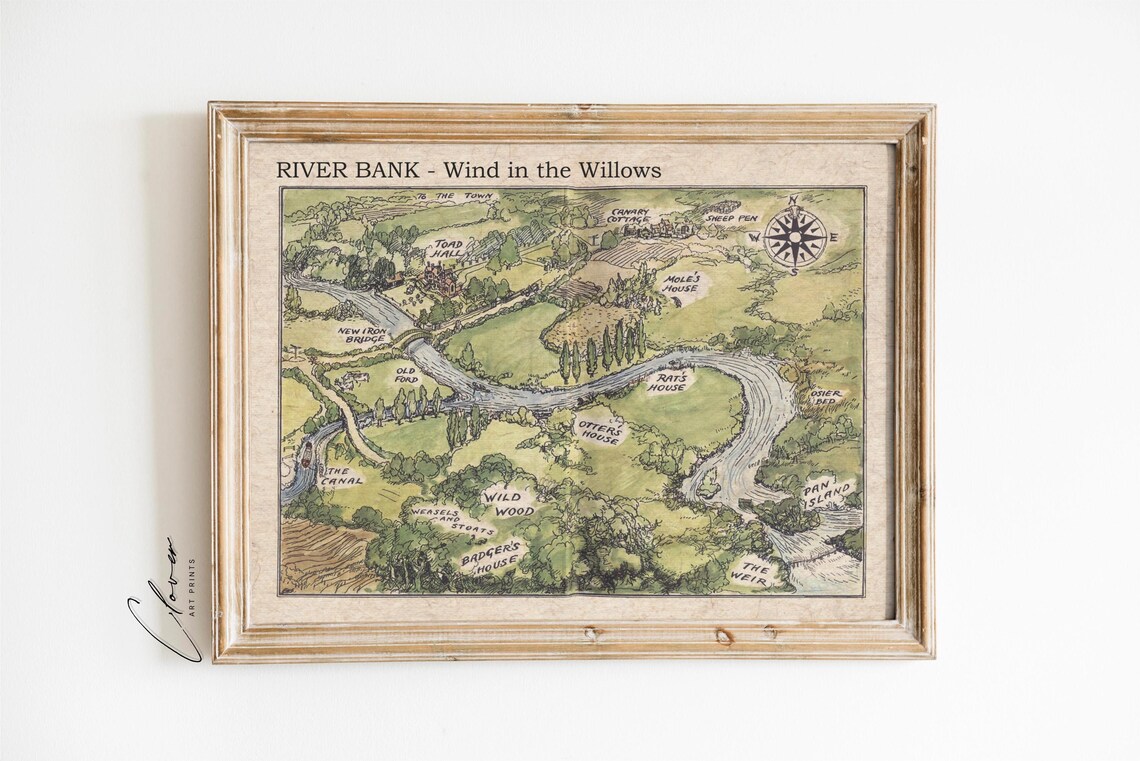 River Bank Illustrative Map, Vintage Nursery Decor