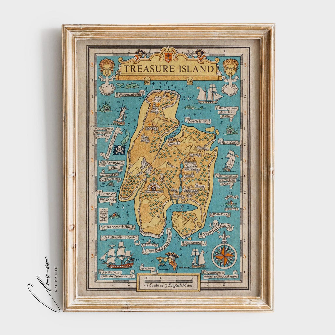 Treasure Island Illustrated Pirate Map Hispaniola Compass Poster
