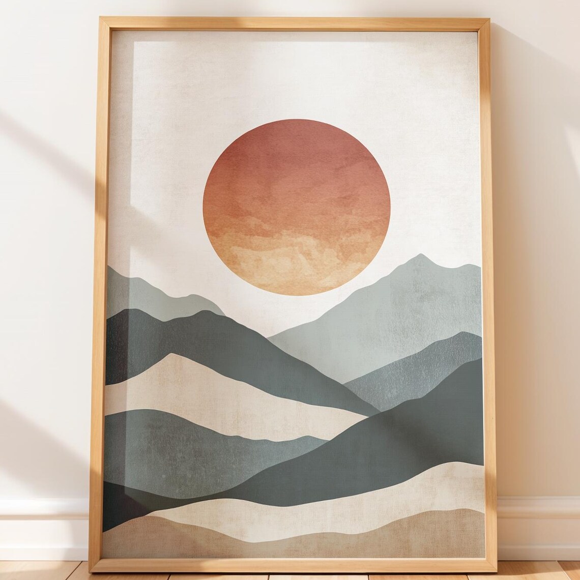 Japandi Mountain Layers Terracotta Sun Sage Gray Landscape Art Poster