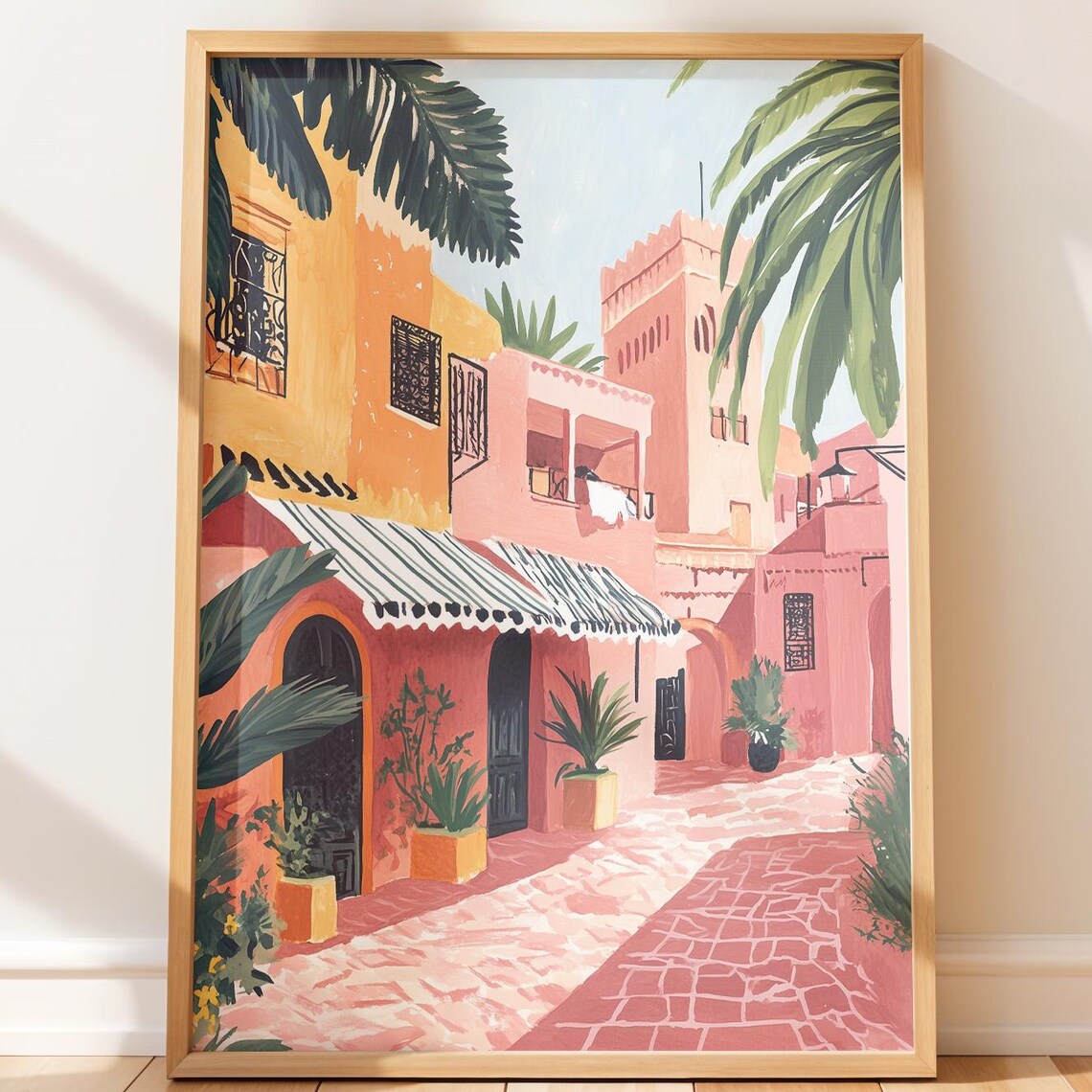 Moroccan Medina Street Coral Buildings Palm Tree Decor Wall Print
