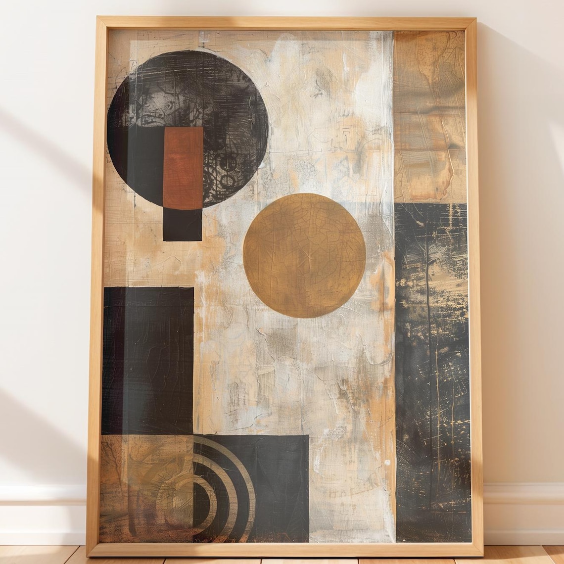 Mid Century Geometric Circles Gold Black Abstract Art Poster