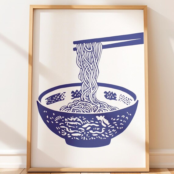 Modern Minimalist Bowl Of Noodles Print Cozy Asian Kitchen Art Bold Graphic Linework Culinary Decor Linocut Boho Minimal