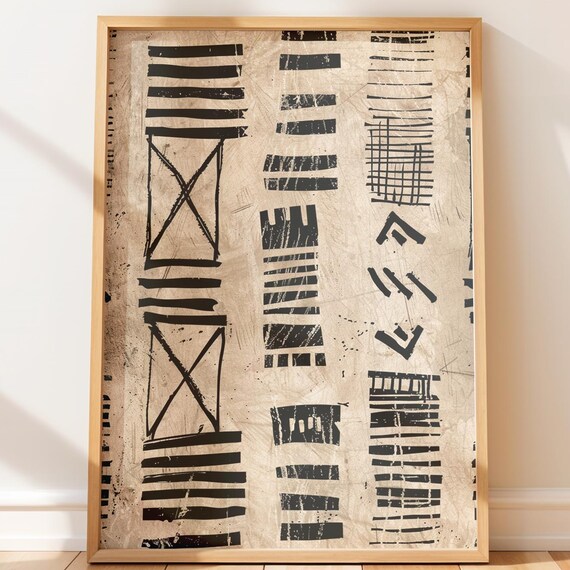 Tribal Line Pattern Beige Black Hand Drawn Ethnic Boho Wall Art