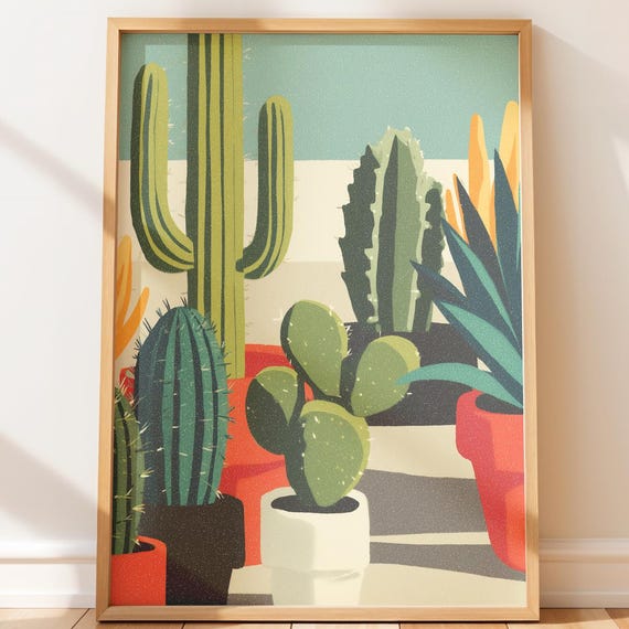 Southwestern Desert Cacti And Agave Art Colorful Midcentury Modern Botanical Wall Decor Minimalist Mid Century Retro Illustration