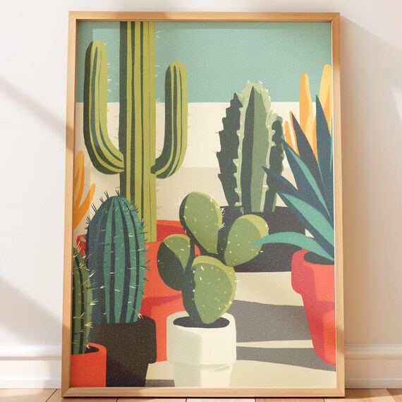 Southwestern Desert Cacti and Agave Colorful Midcentury Wall Art
