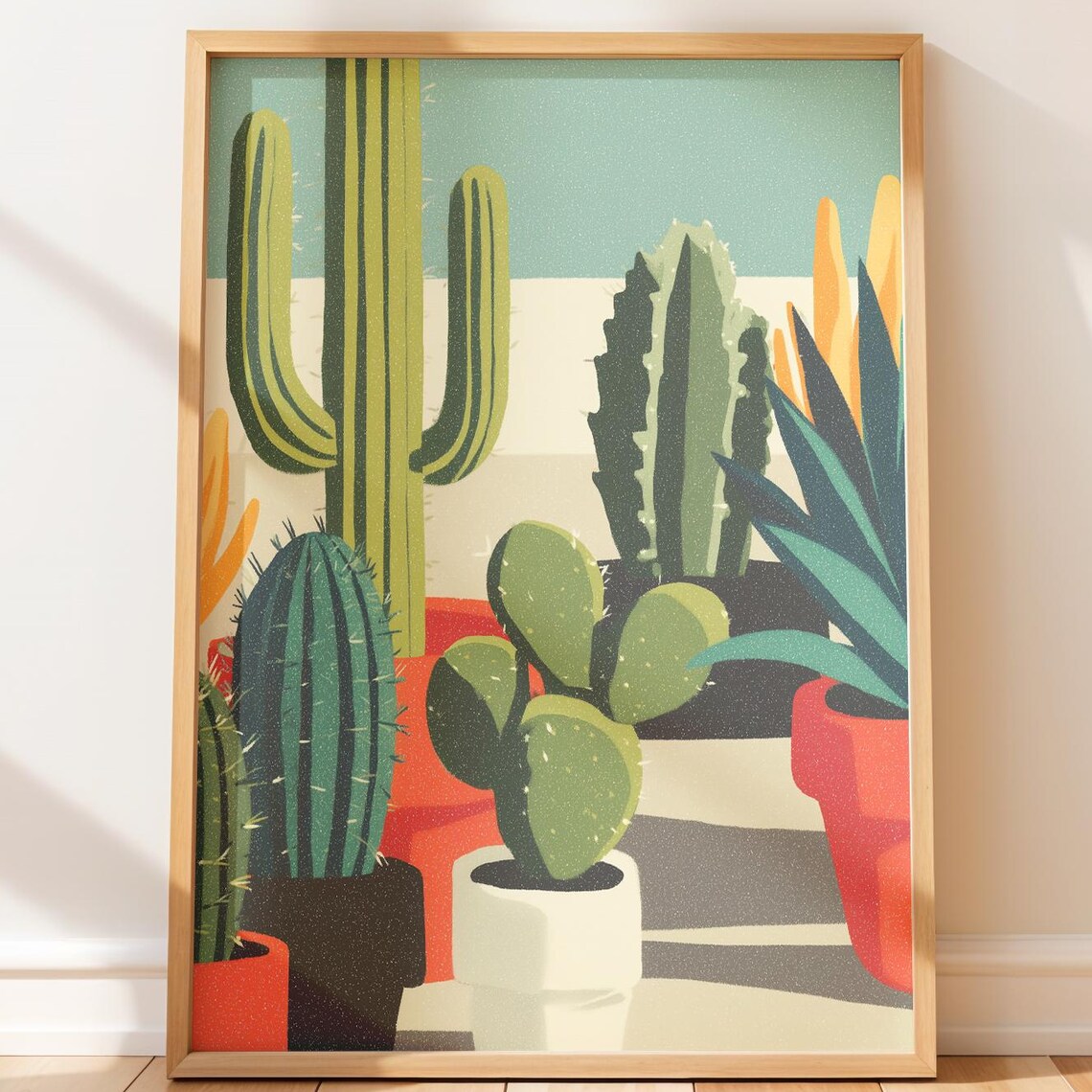 Southwestern Desert Cacti and Agave Colorful Midcentury Wall Art