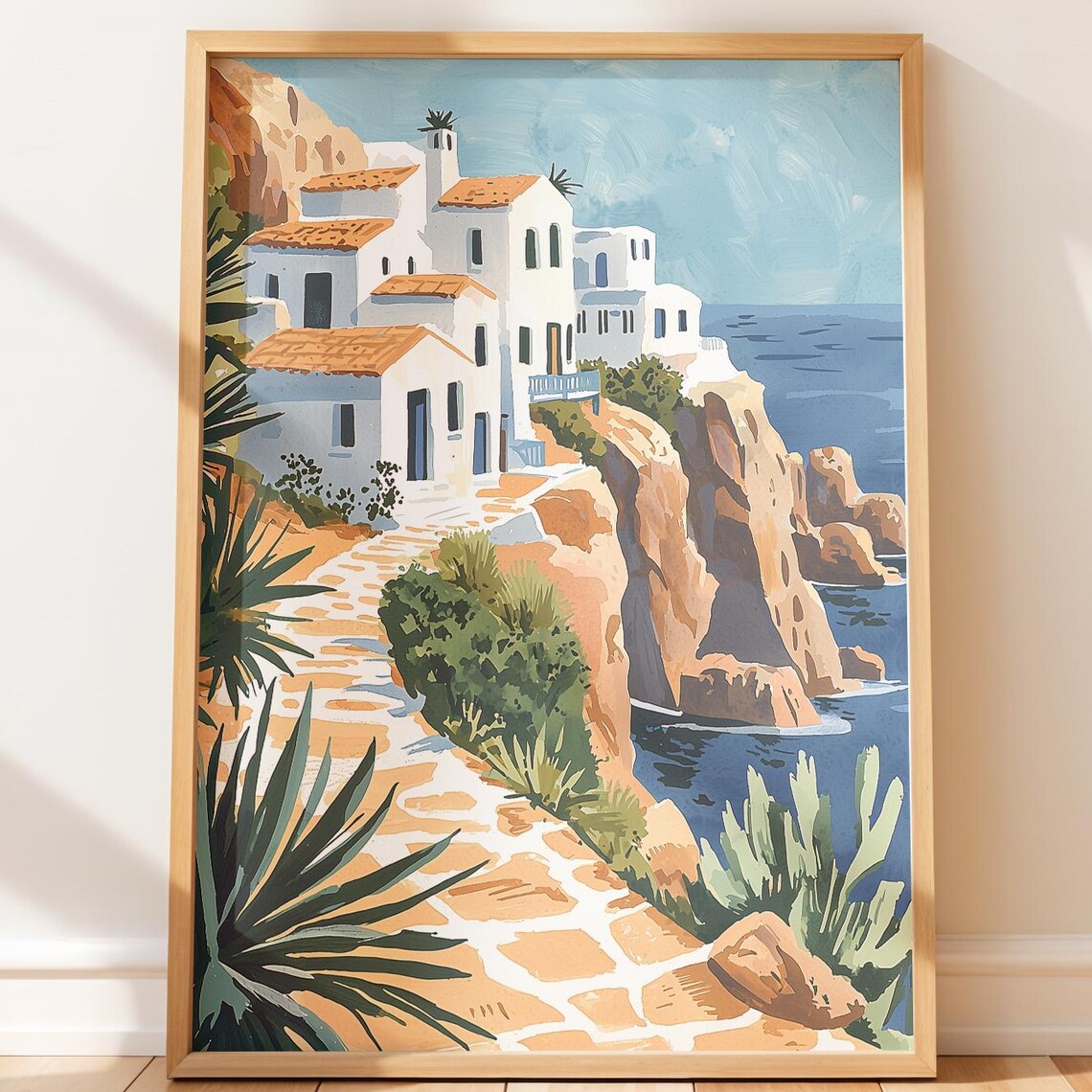 Mediterranean Cliffside Village Whitewashed Houses Sea View Poster