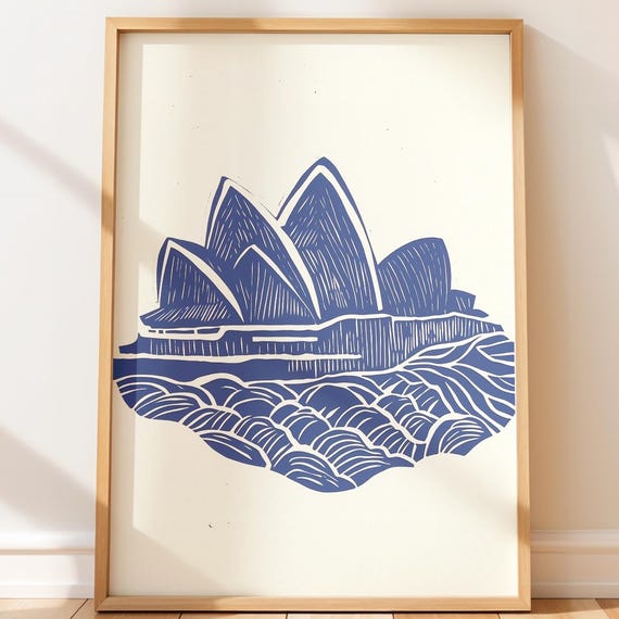 Sydney Travel Poster Print Blue Opera House Wall Art Minimalist Australia Illustration Coastal City Decor Modern Line
