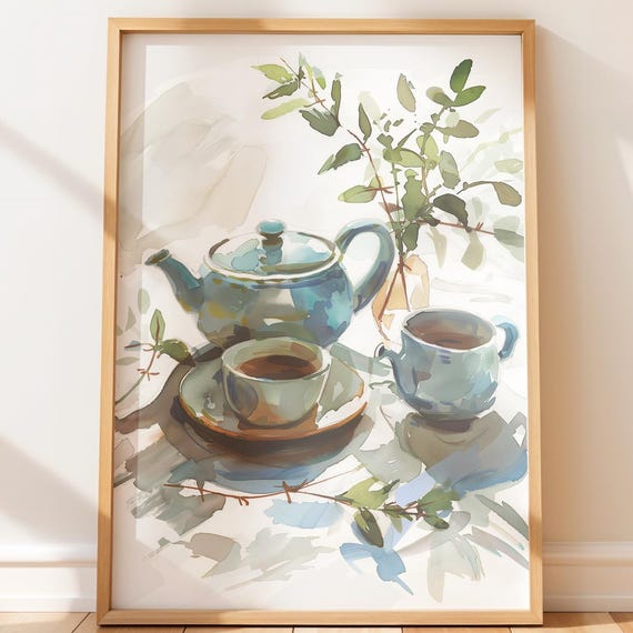 Teapot And Teacups Watercolor Painting Botanical Still Life Art Print