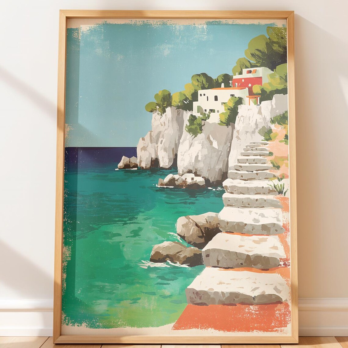 French Riviera Vintage Travel Poster Turquoise Coast Cliff Steps Art