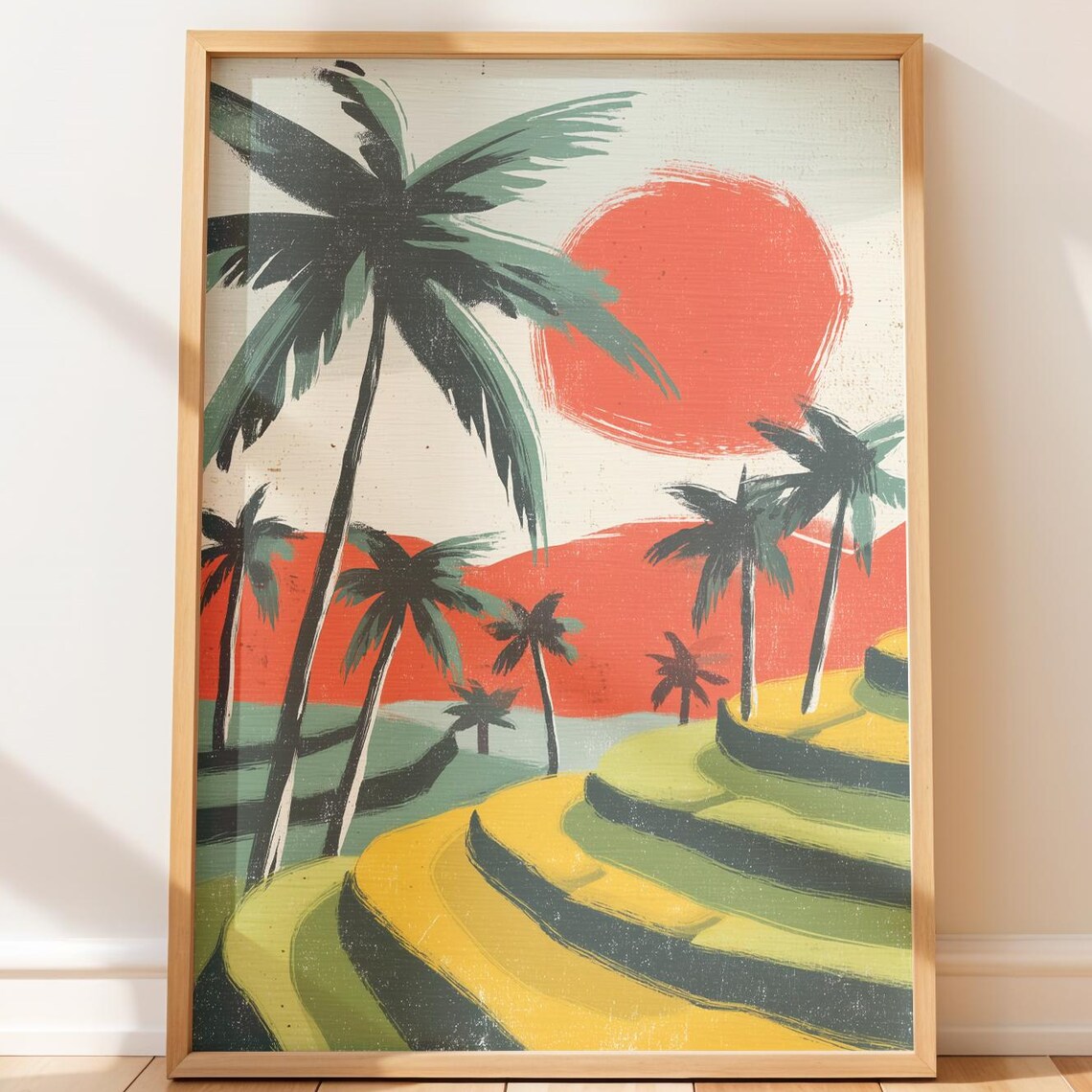 Tropical Palm Rice Terraces Huge Red Sun Vintage Travel Poster