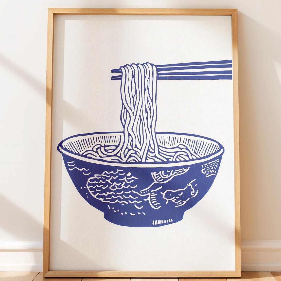 Blue Ink Noodle Bowl With Chopsticks Minimalist Kitchen Poster
