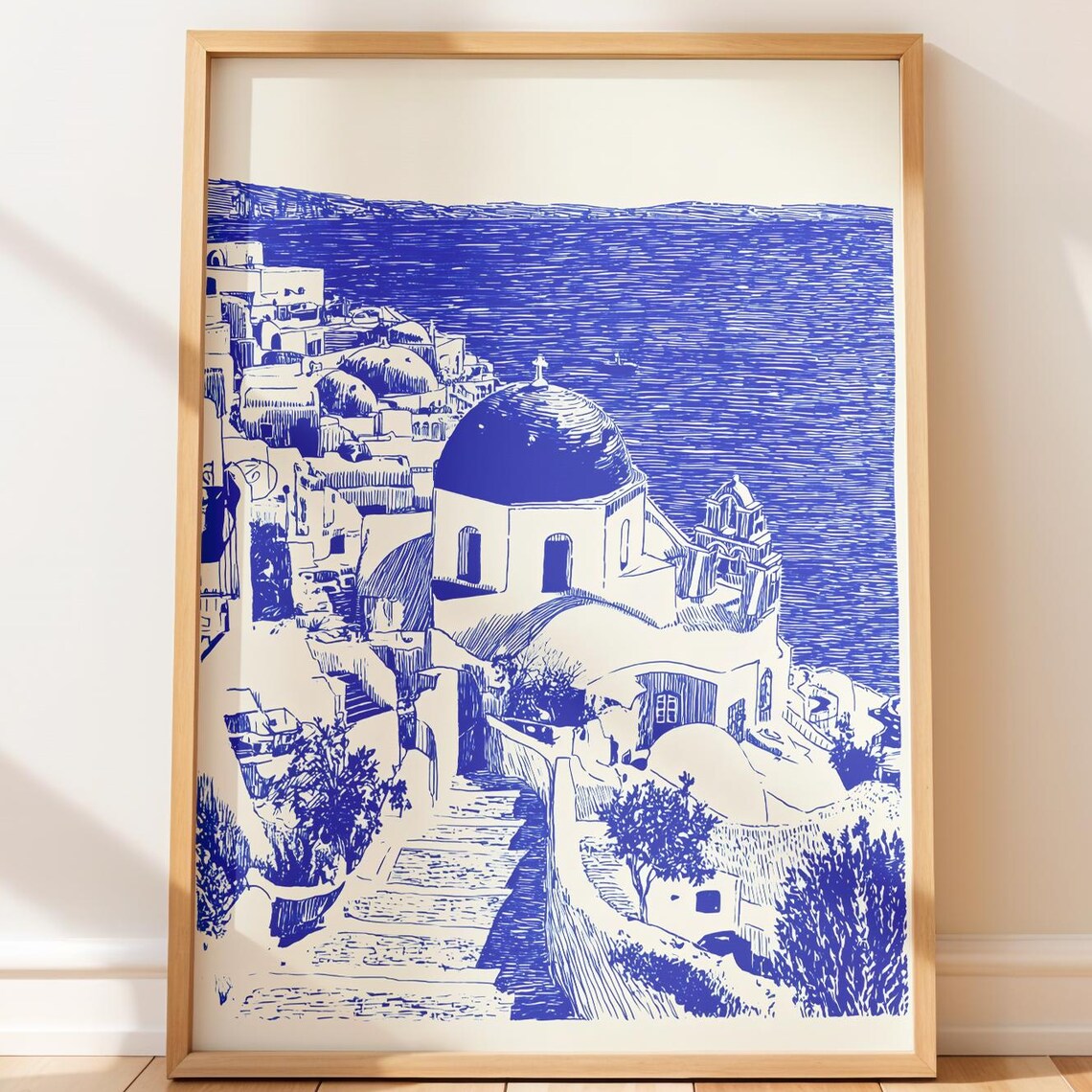 Santorini Blue Dome Church Overlook Aegean Sea Line Art Poster