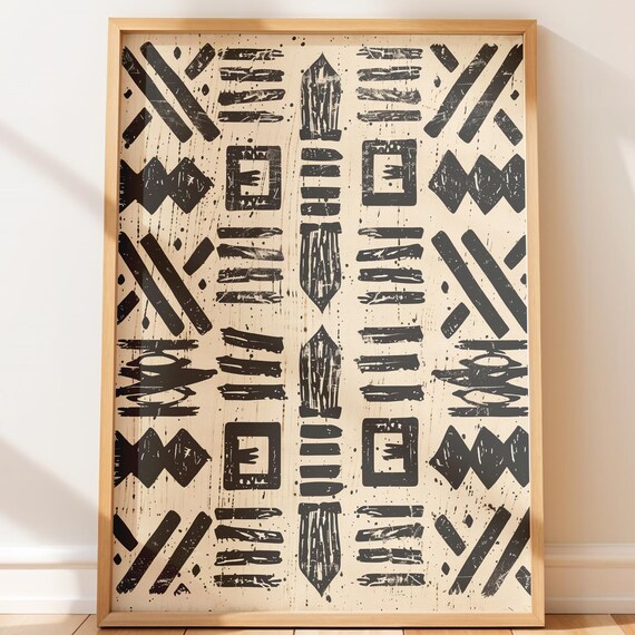 Hand Drawn Mudcloth Inspired Black Tribal Pattern Wall Print