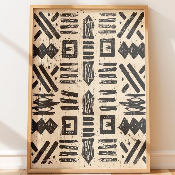 Mudcloth Inspired Wall Art Minimalist African Tribal Pattern Boho Decor Modern Rustic Geometric Design