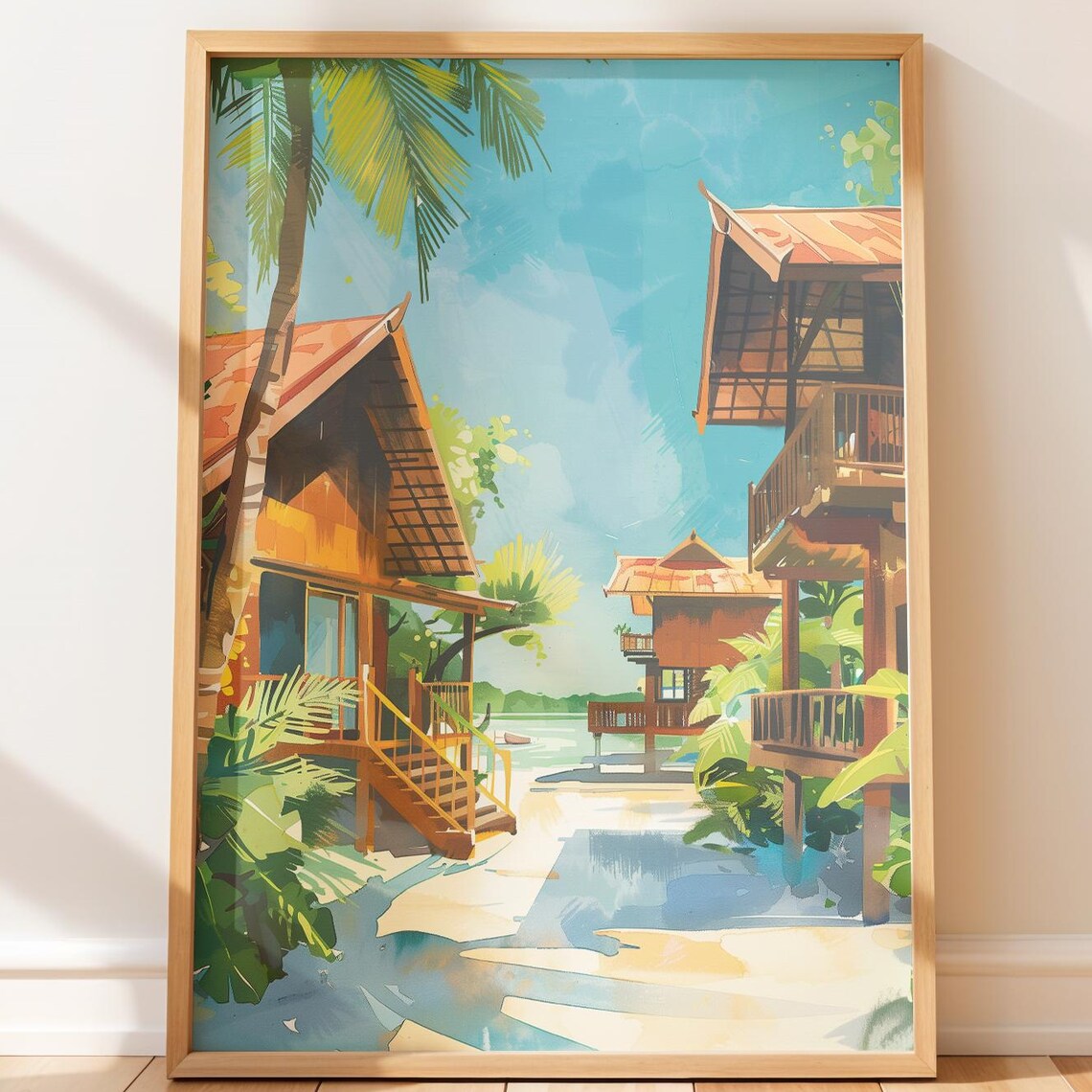 Tropical Beach Stilt Villas Sunlit Paradise Coastal Art Print