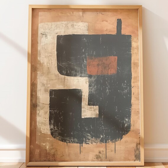 Abstract Dark Tribal Totem Black Tan Rust Rustic Blocks Art Poster