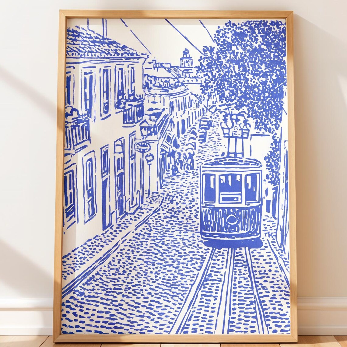 Lisbon Tram Alfama Street Blue Line Art Portugal Travel Poster