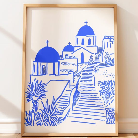 Santorini Travel Poster Print Blue Greece Wall Art Island Village Illustration Mediterranean Decor Minimalist Line