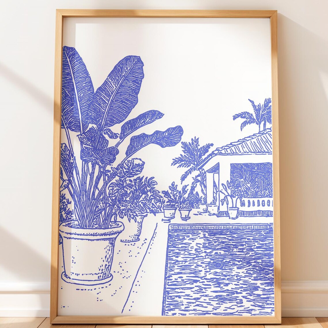 Blue Ink Tropical Villa Pool Banana Plant Line Art Resort Poster