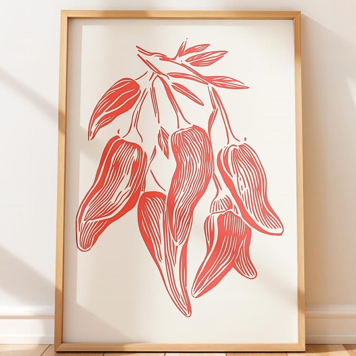 Rustic Chili Peppers Kitchen Art Minimal Botanical Red Pepper Print Cozy Farmhouse Decor Linocut Boho