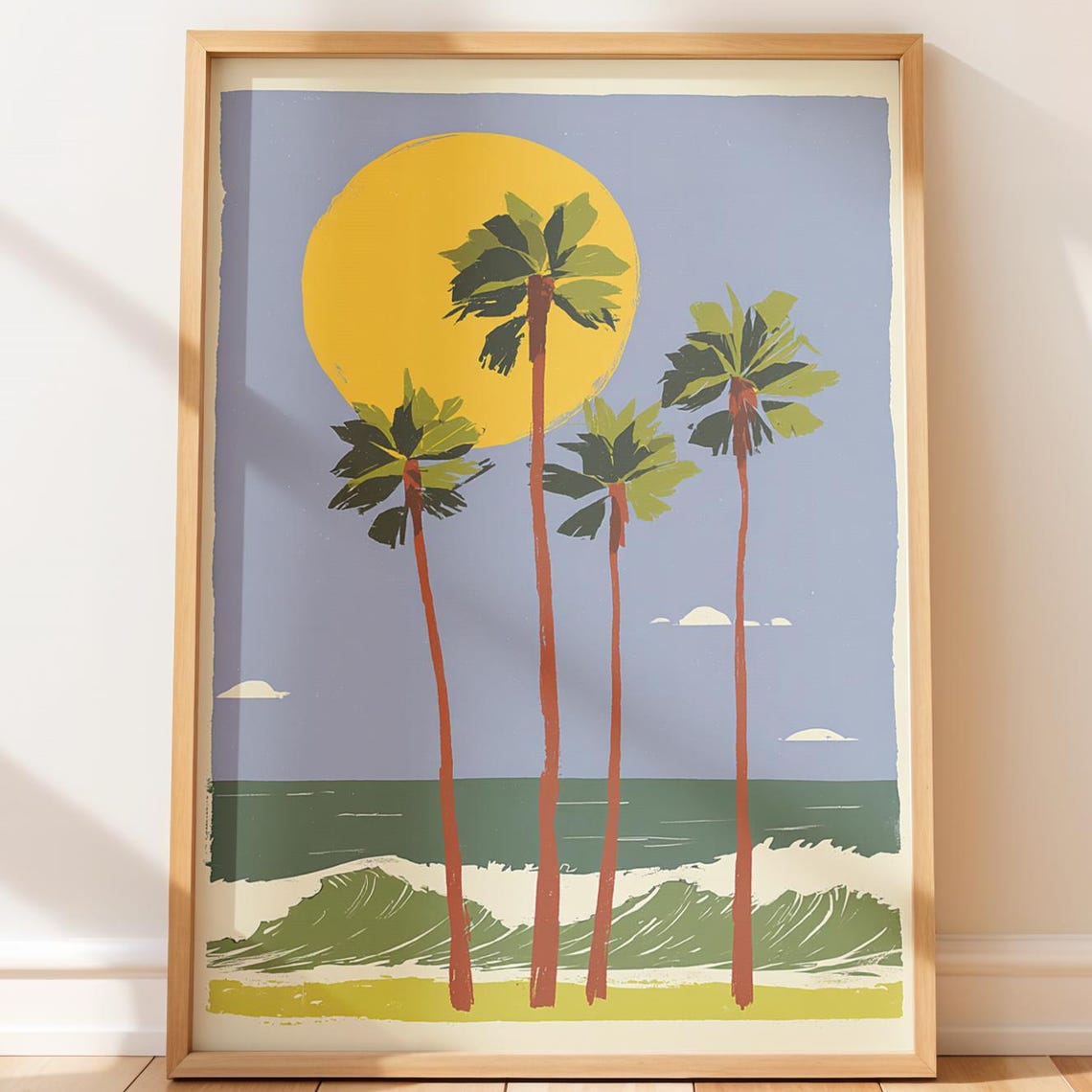 Minimalist Retro Coastal Poster Palm Trees Sunset Waves Beach Art
