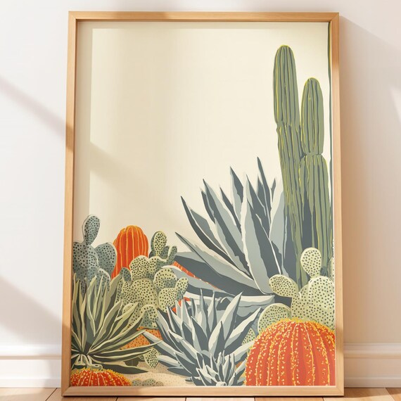 Desert Cacti Succulents Agave Prickly Pear Retro Botanical Poster