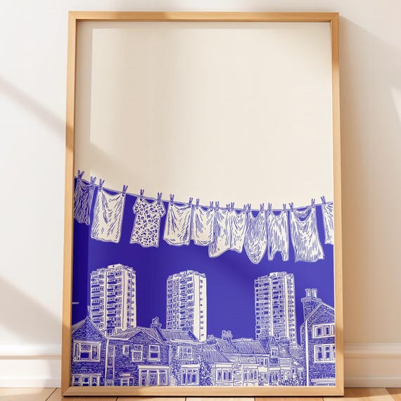 Cozy Vintage Urban Clothesline Print Minimalist Art Of Hanging Laundry Bold Linocut Style Illustration Boho Minimal