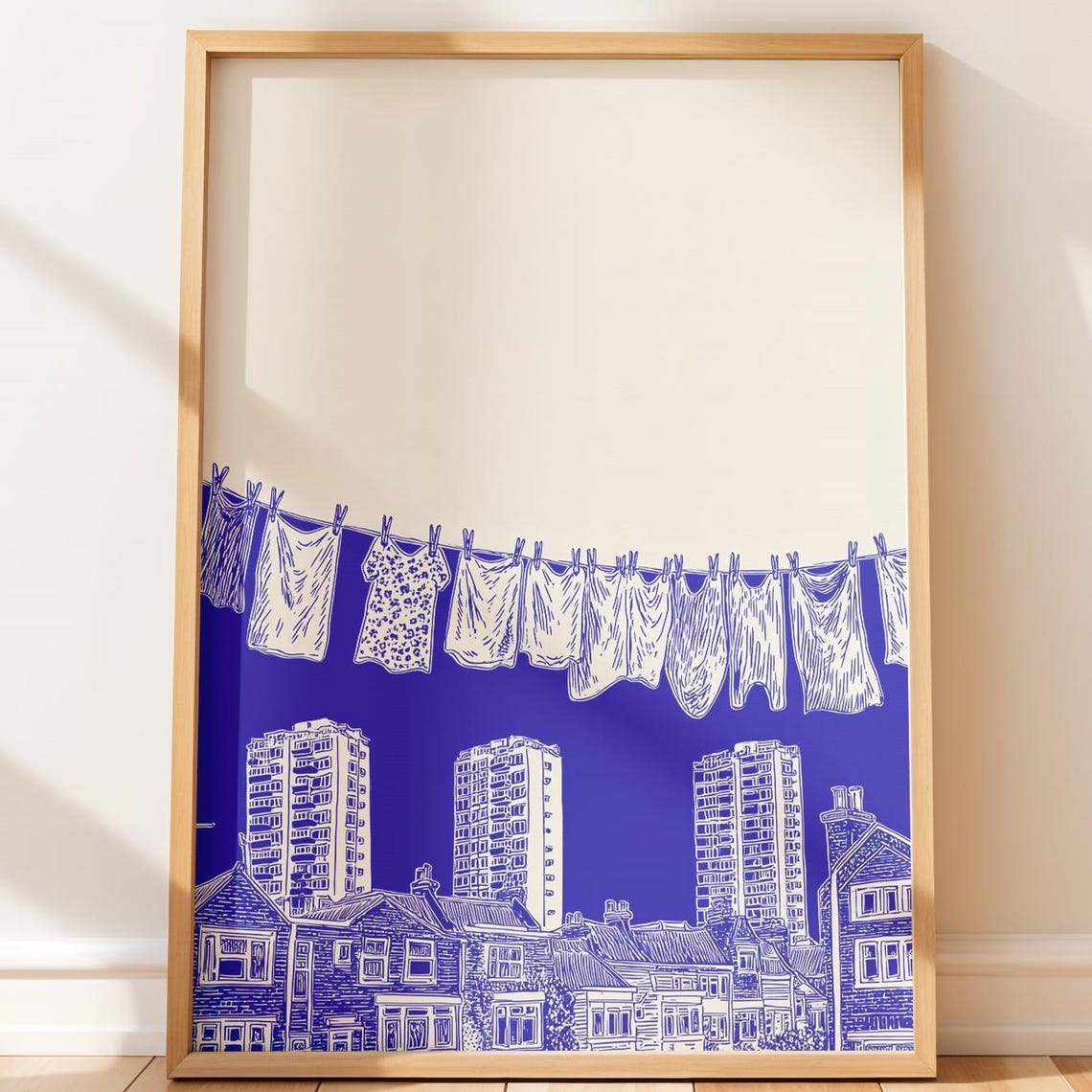 Minimalist Blue Clothesline Laundry Over City Skyline Art Poster