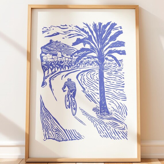 Blue Ink Coastal Bike Ride Palm Waves Vintage Linocut Poster