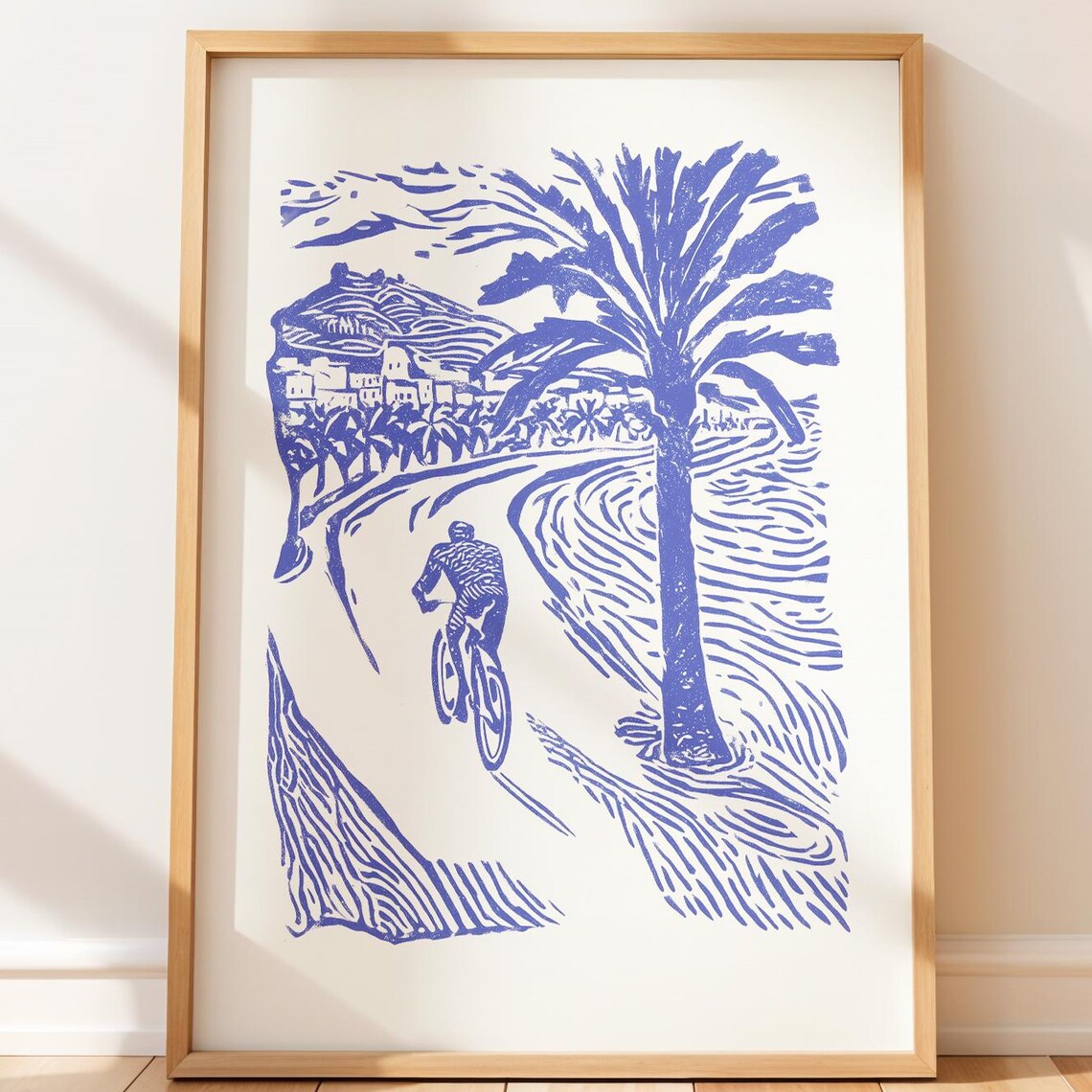 Blue Ink Coastal Bike Ride Palm Waves Vintage Linocut Poster