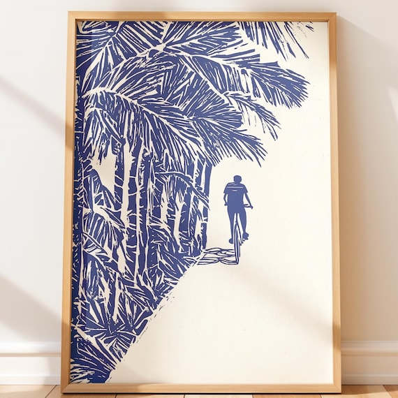Coastal Bike Ride Palm Tree Blue Linocut Vintage Beach Print