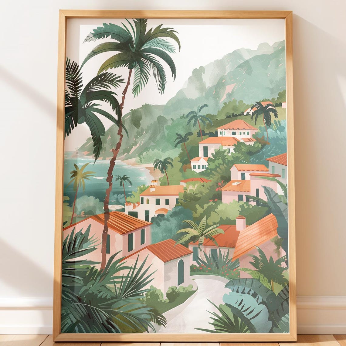 Mediterranean Coastal Village Palm Trees Sunny Summer Art Print