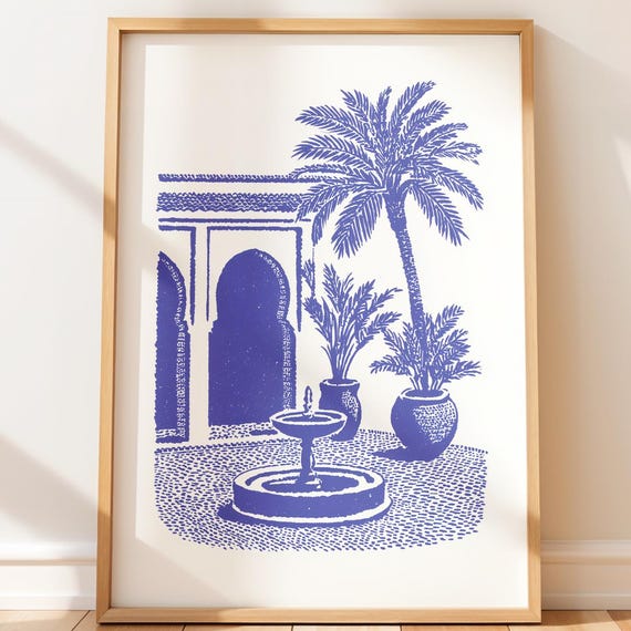 Moroccan Travel Poster Print Blue Courtyard Fountain Art Palm Garden Illustration Boho Home Decor Minimalist Line