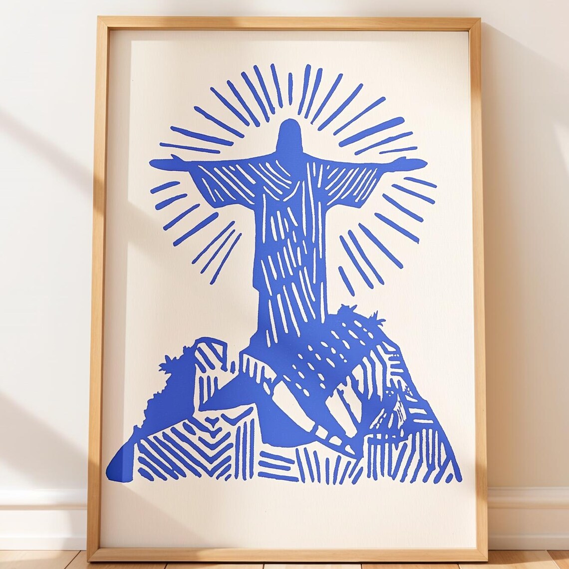 Christ the Redeemer Statue Blue Line Art Rio de Janeiro Poster