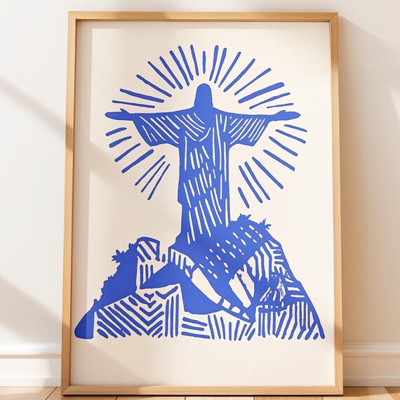 Christ the Redeemer Statue Blue Line Art Rio de Janeiro Poster