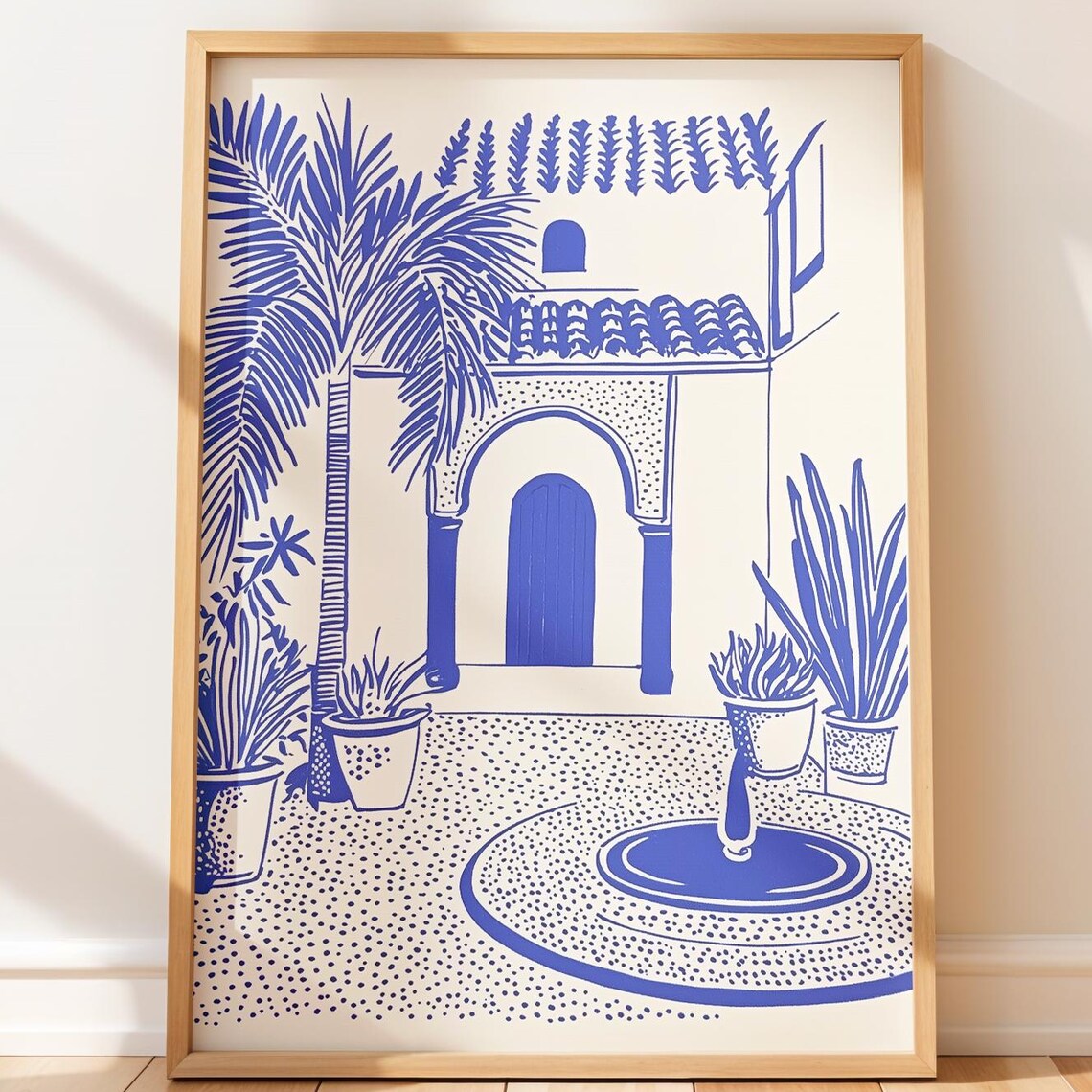 Moroccan Riad Courtyard Blue Line Art Palm Garden Travel Poster