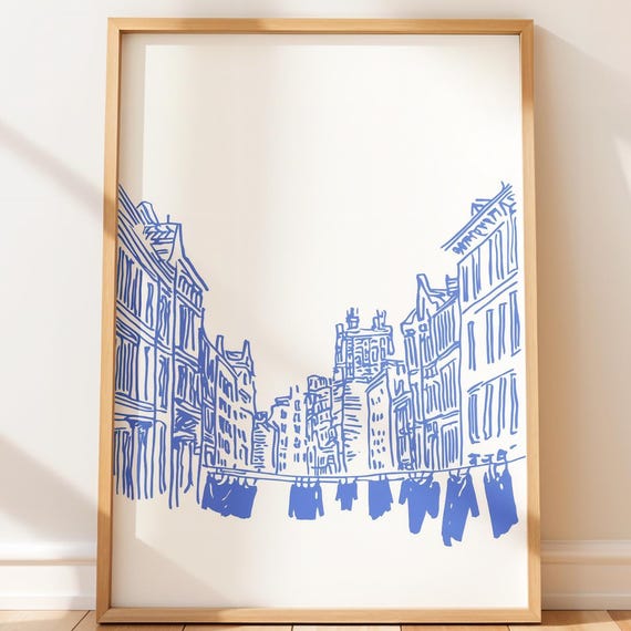 Urban Street Scene With Hanging Laundry Quaint Cozy Wall Art Vintage Charm Monochrome Illustration Linocut Print Boho Minimal