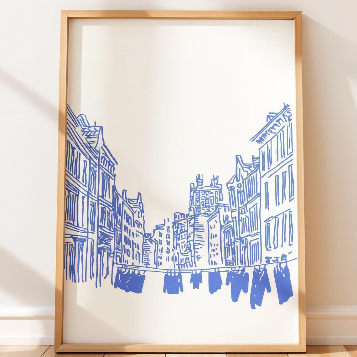 Blue Ink Urban Street Laundry Line Buildings Minimalist Poster