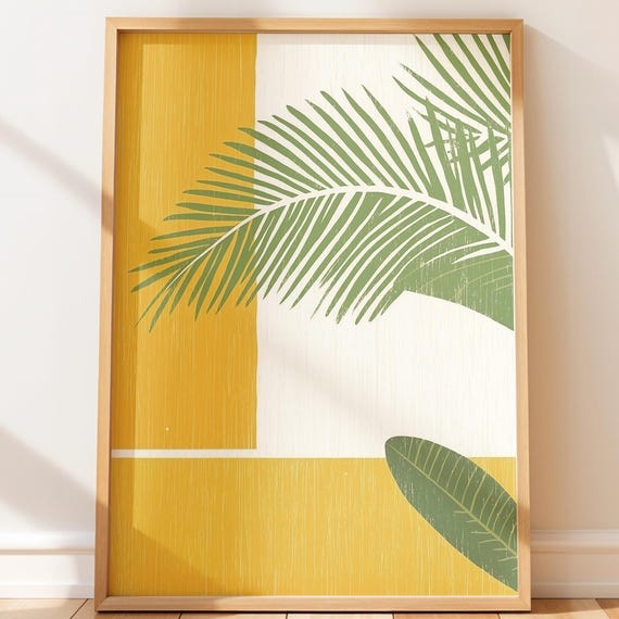 Warm Tropical Palm Leaves Over Desert Pond Modern Minimalist Wall Art Bold Botanical Print Golden Color Palette Mid Century