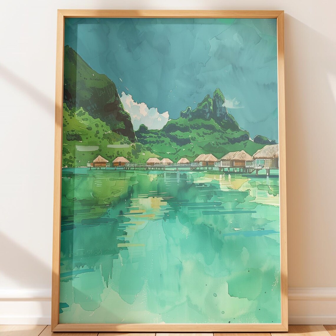 Tropical Island Overwater Bungalows Green Mountains Watercolor Poster