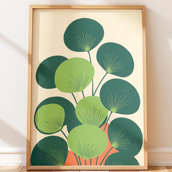 Stylized Pilea Plant Print Modern Botanical Wall Art Minimalist Home Decor Scandinavian Mid Century Retro Illustration