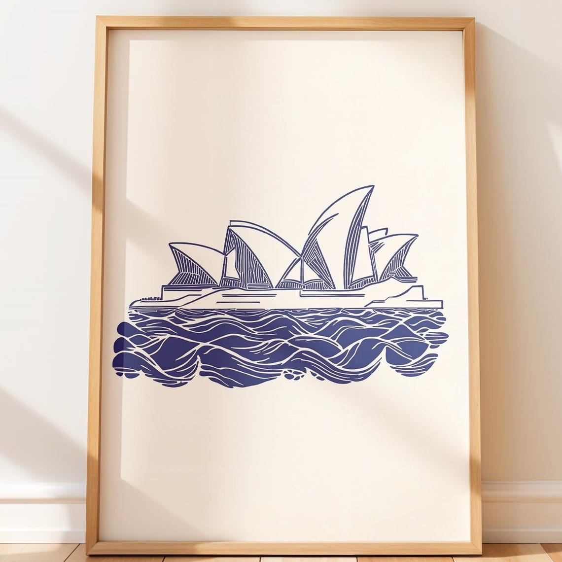 Sydney Opera House Coastal Blue Line Art Harbor Waves Sketch Poster